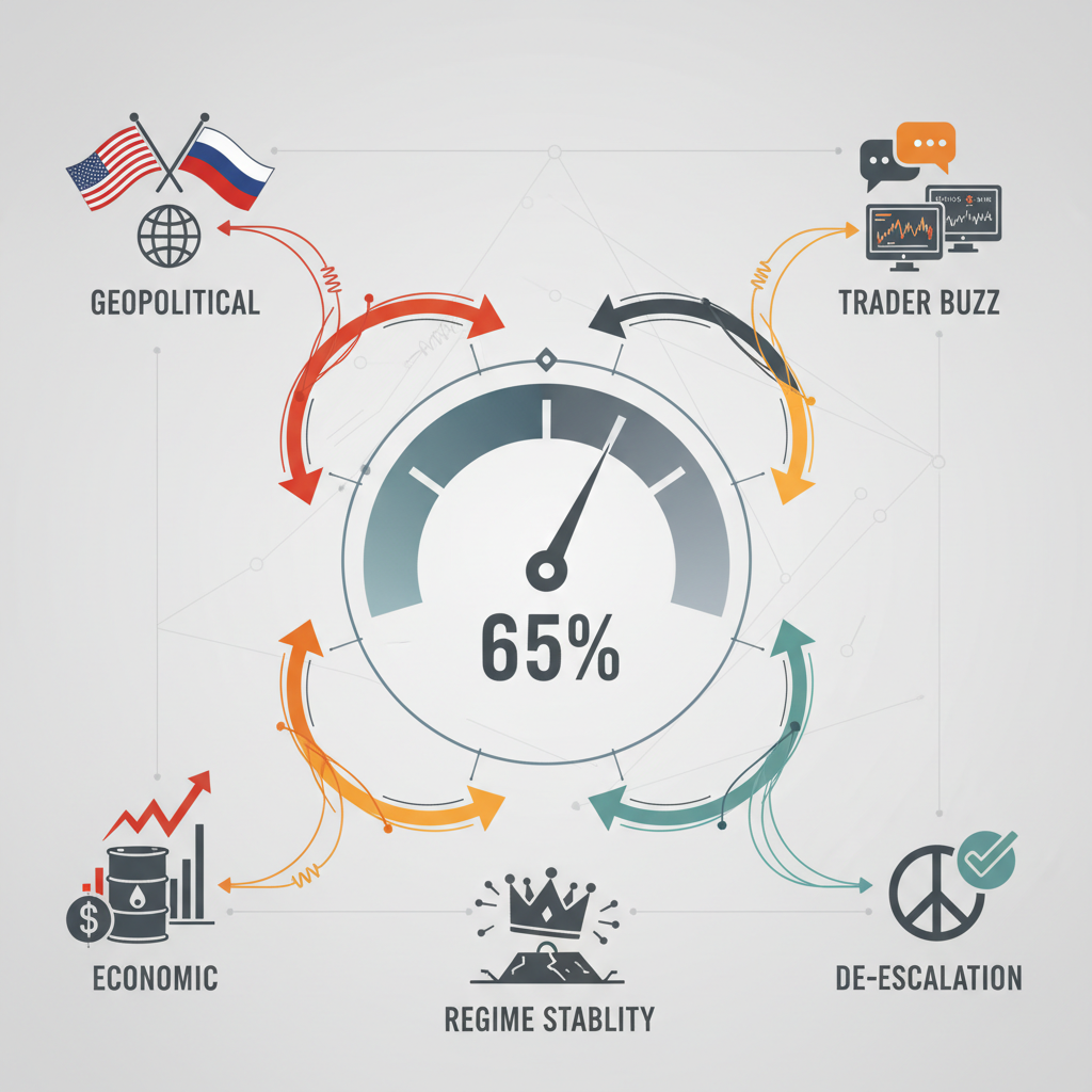 Conceptual diagram of factors pulling on the 65% Polymarket odds meter