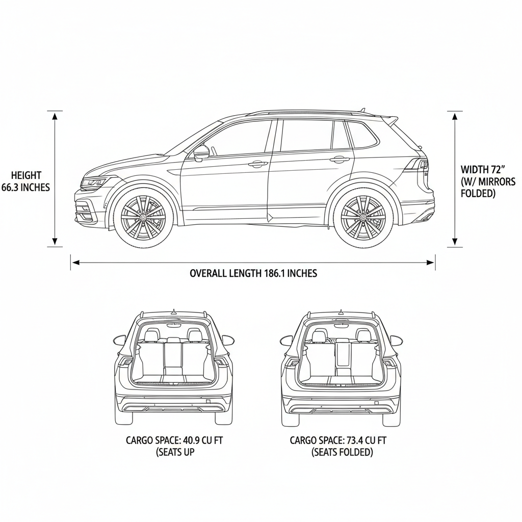 Line drawing diagram of 2024 VW Tiguan R-Line dimensions and cargo capacities.