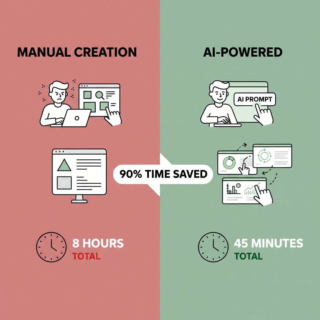 Side-by-side diagram contrasting manual 8-hour PowerPoint creation with 45-minute AI generation, highlighting 90% time savings.