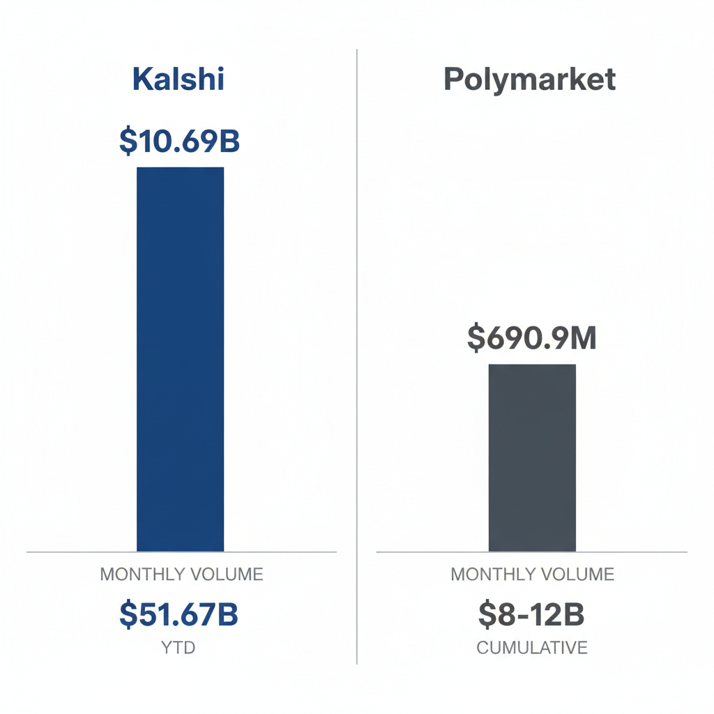 Side-by-side bar chart comparing Kalshi and Polymarket trading volumes in May 2026