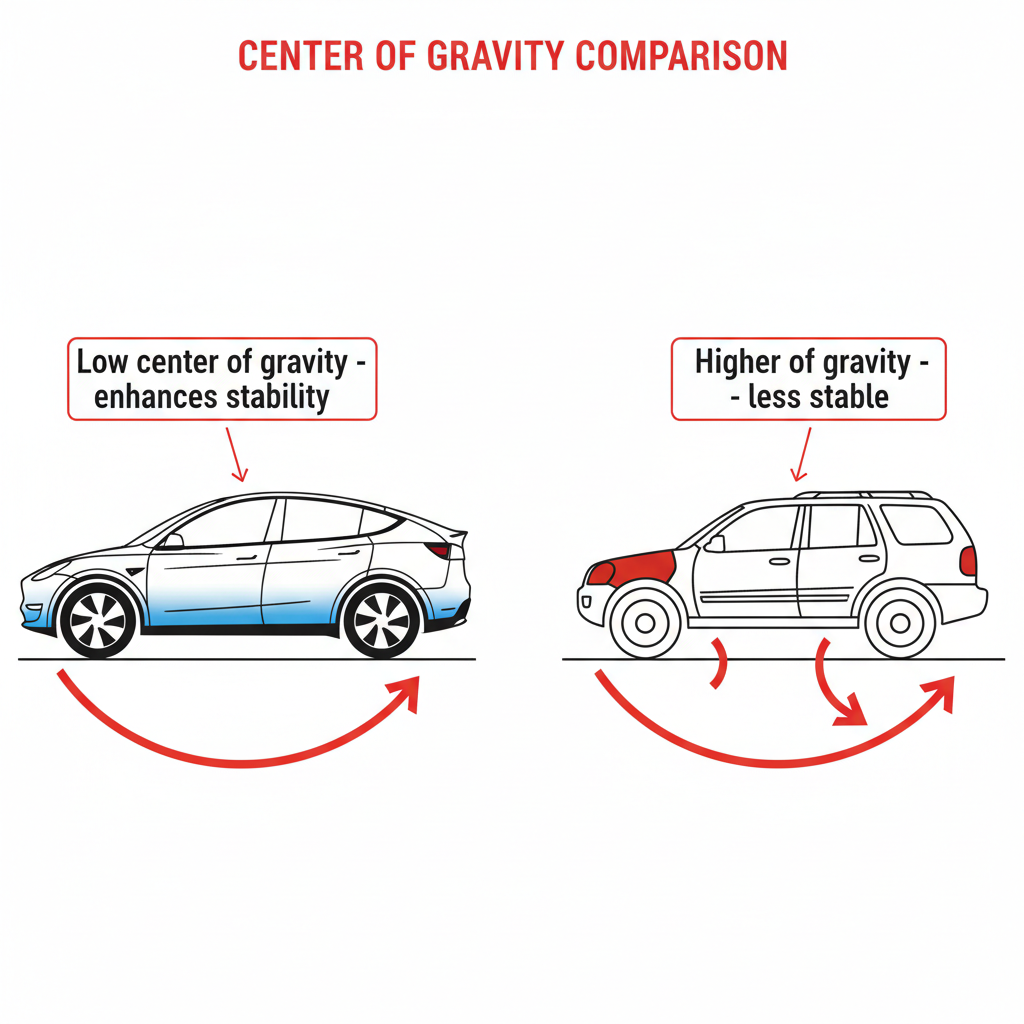 Diagram comparing the Tesla Model Y's low center of gravity from battery placement to a traditional SUV's higher center, illustrating better handling stability.