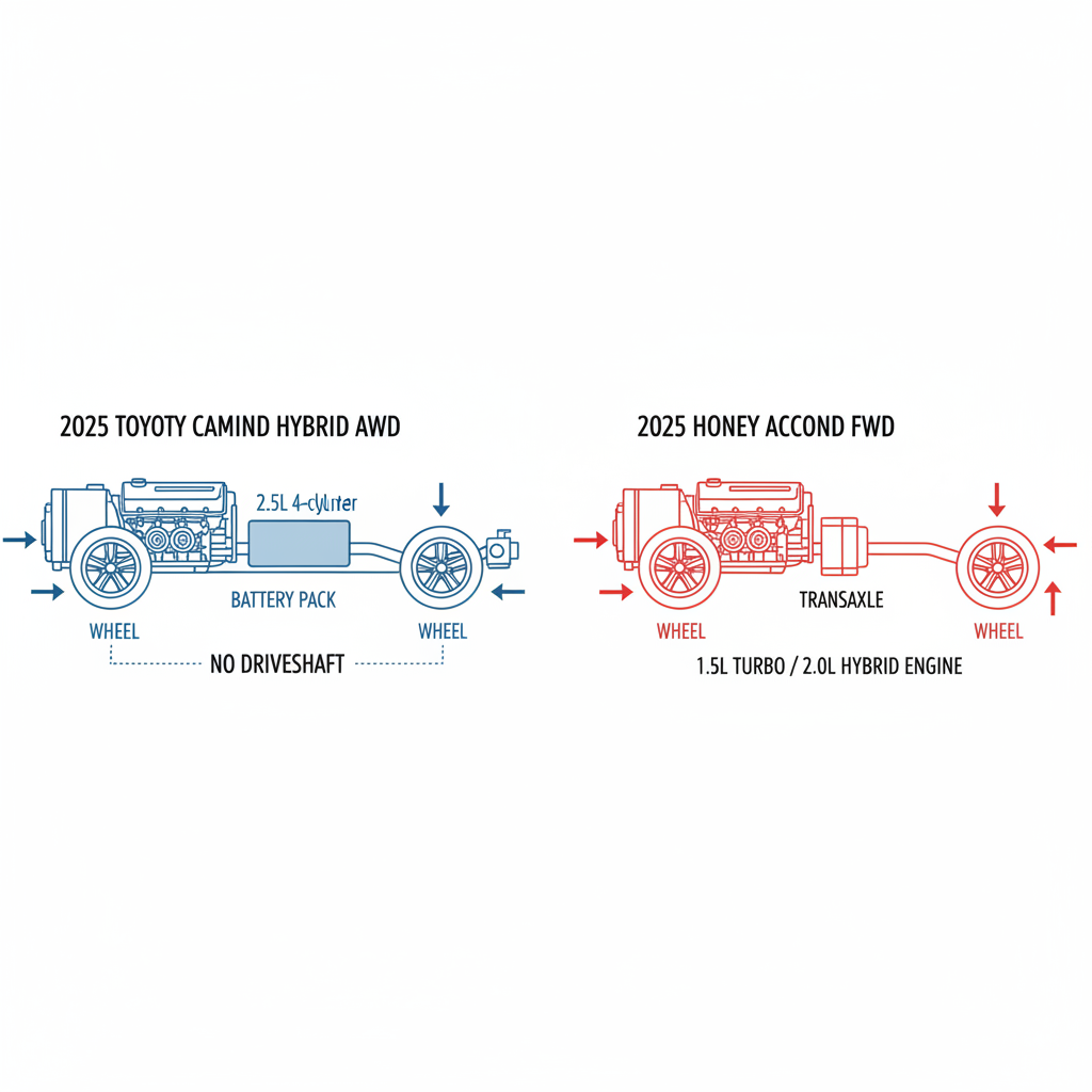 Diagram of Toyota Camry AWD hybrid drivetrain versus Honda Accord FWD drivetrain, highlighting the electric rear motor in the Camry.