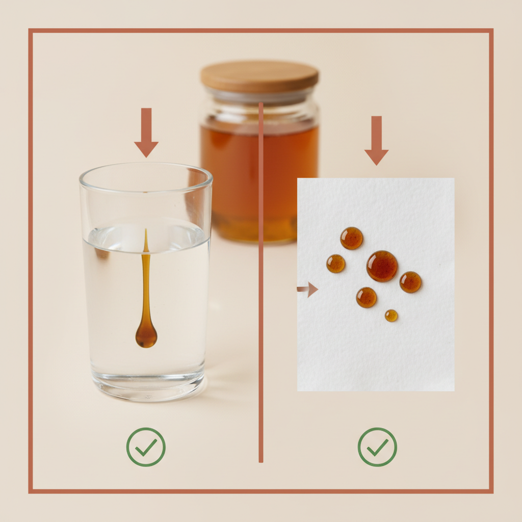 Sơ đồ minh họa hai phương pháp kiểm tra nhanh mật ong nguyên chất: thử với nước và giấy thấm