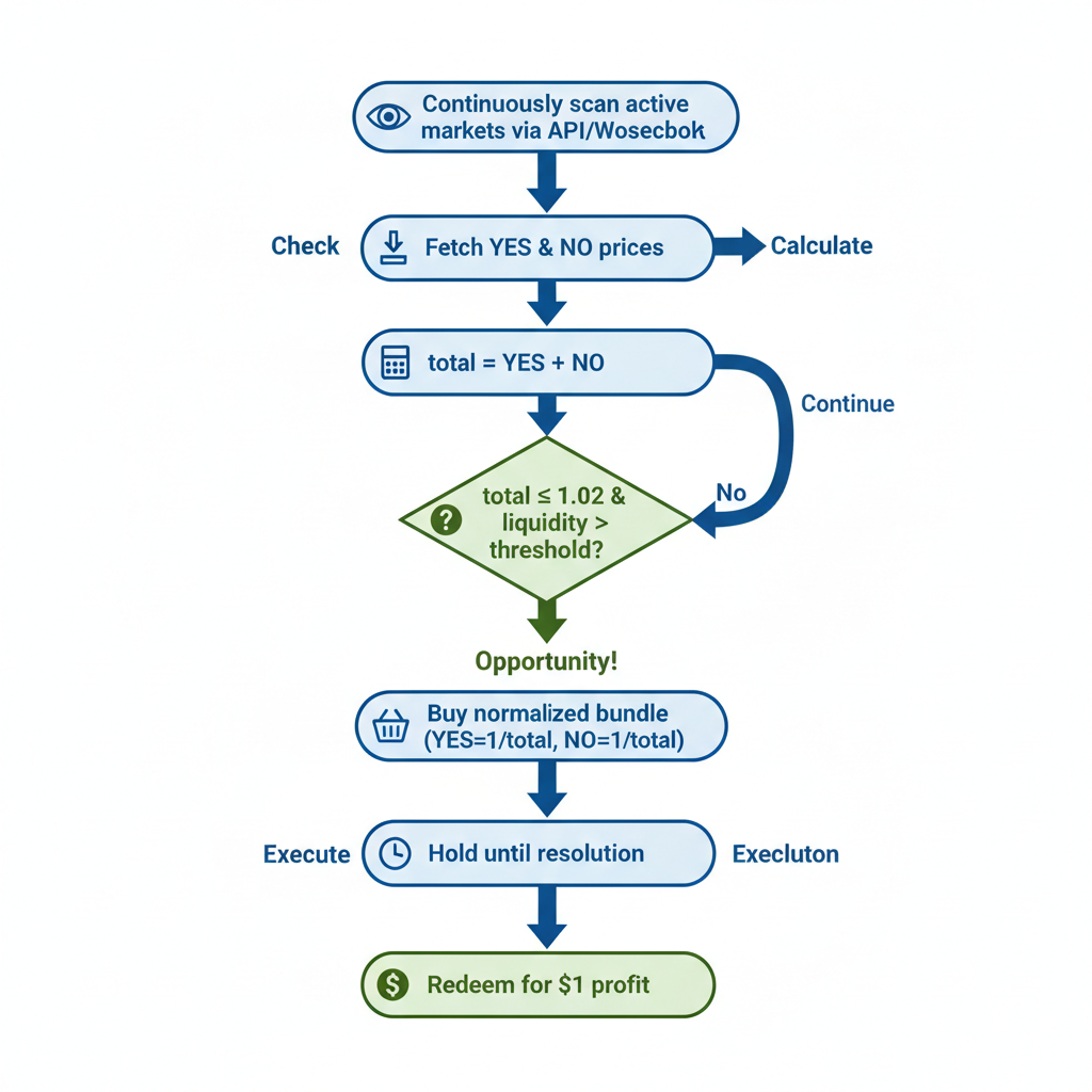 Flowchart showing the step-by-step loop of a bot arbitraging YES and NO share pricing inefficiencies on Polymarket.