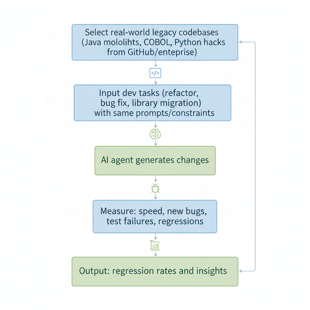 Flowchart illustrating Alibaba's methodology for testing AI coding agents on legacy code