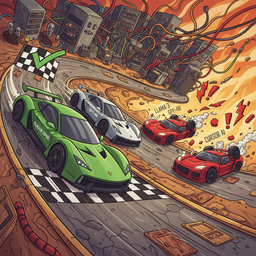 Illustration of AI coding agents racing on a legacy code track, with Claude Opus winning