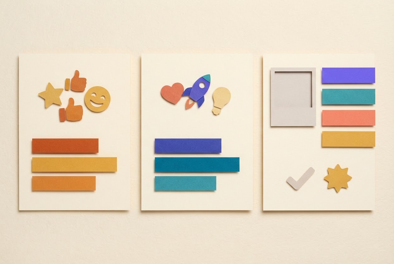 Three post cards feeding into a single style profile card.