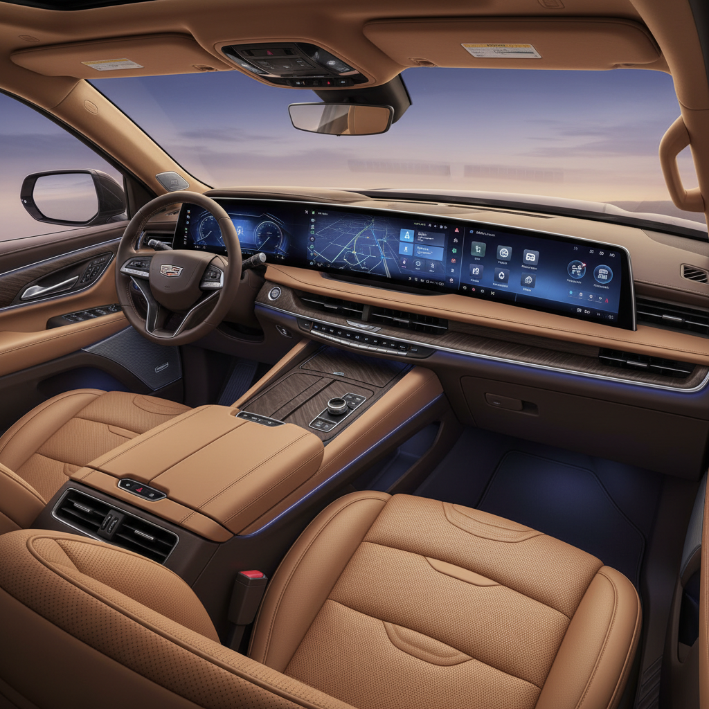 Illustration of the 2025 Cadillac Escalade ESV dashboard featuring the 55-inch display and luxury interior elements