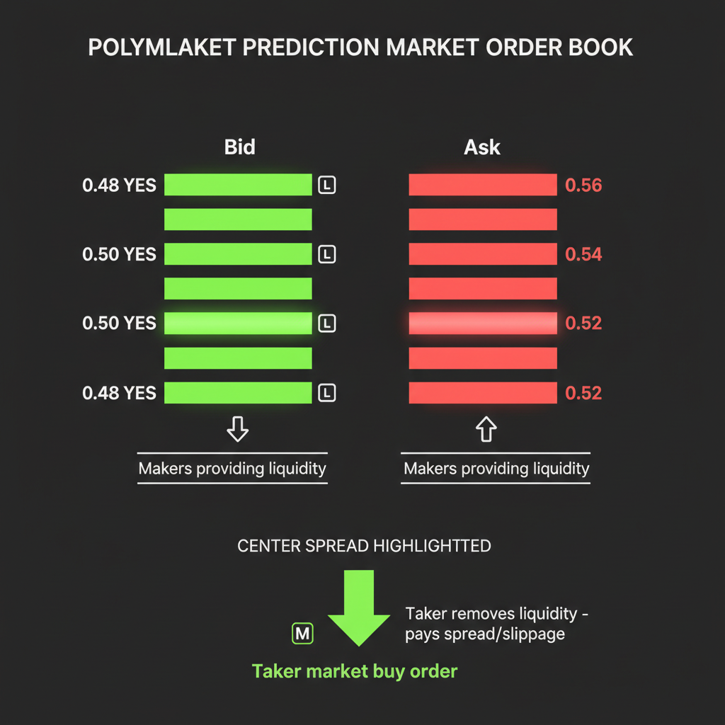 Diagram of a Polymarket order book with maker limit orders on bid/ask sides and a taker market order executing a trade.