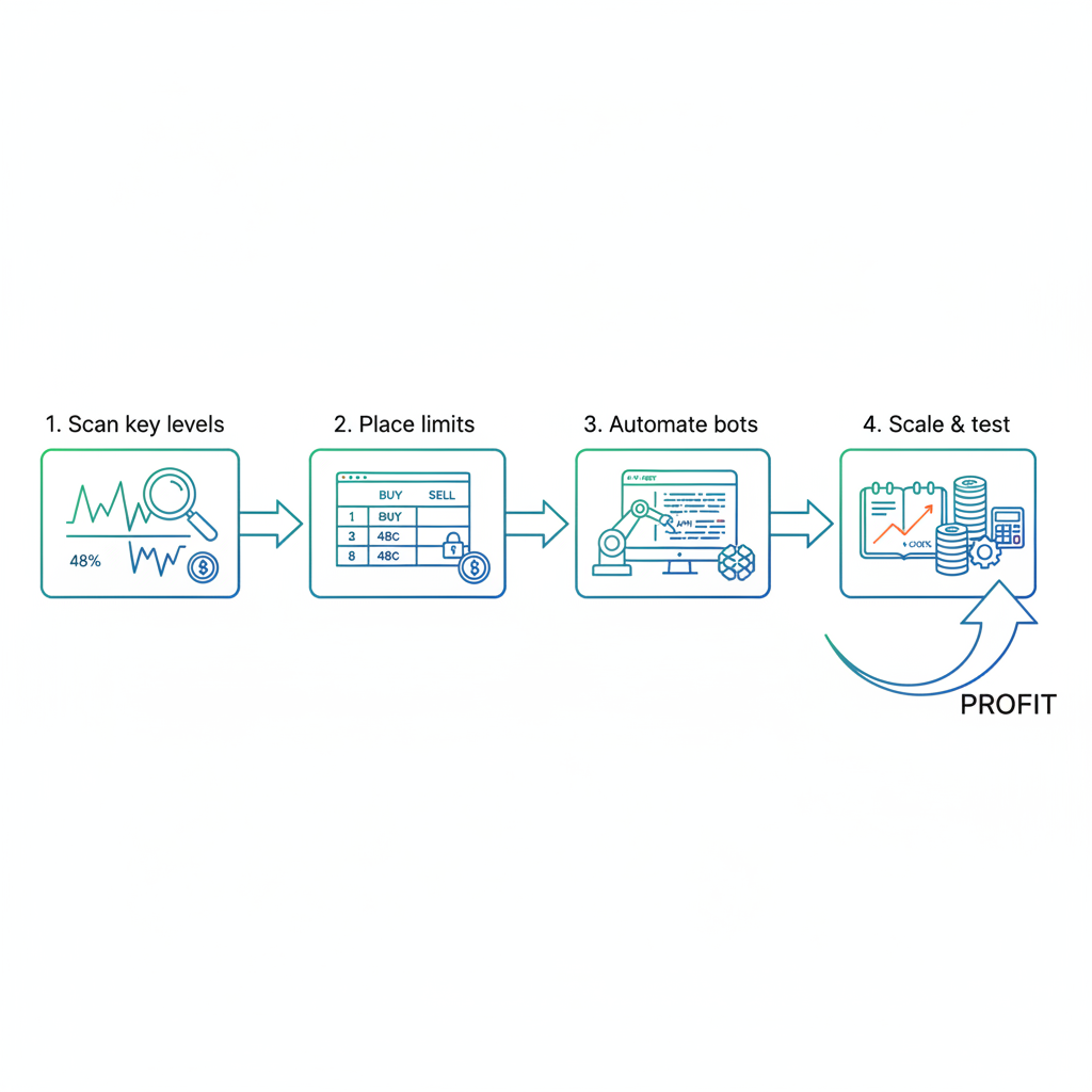 Flowchart showing the four steps to implement maker strategies: scan, place limits, automate, scale and test.