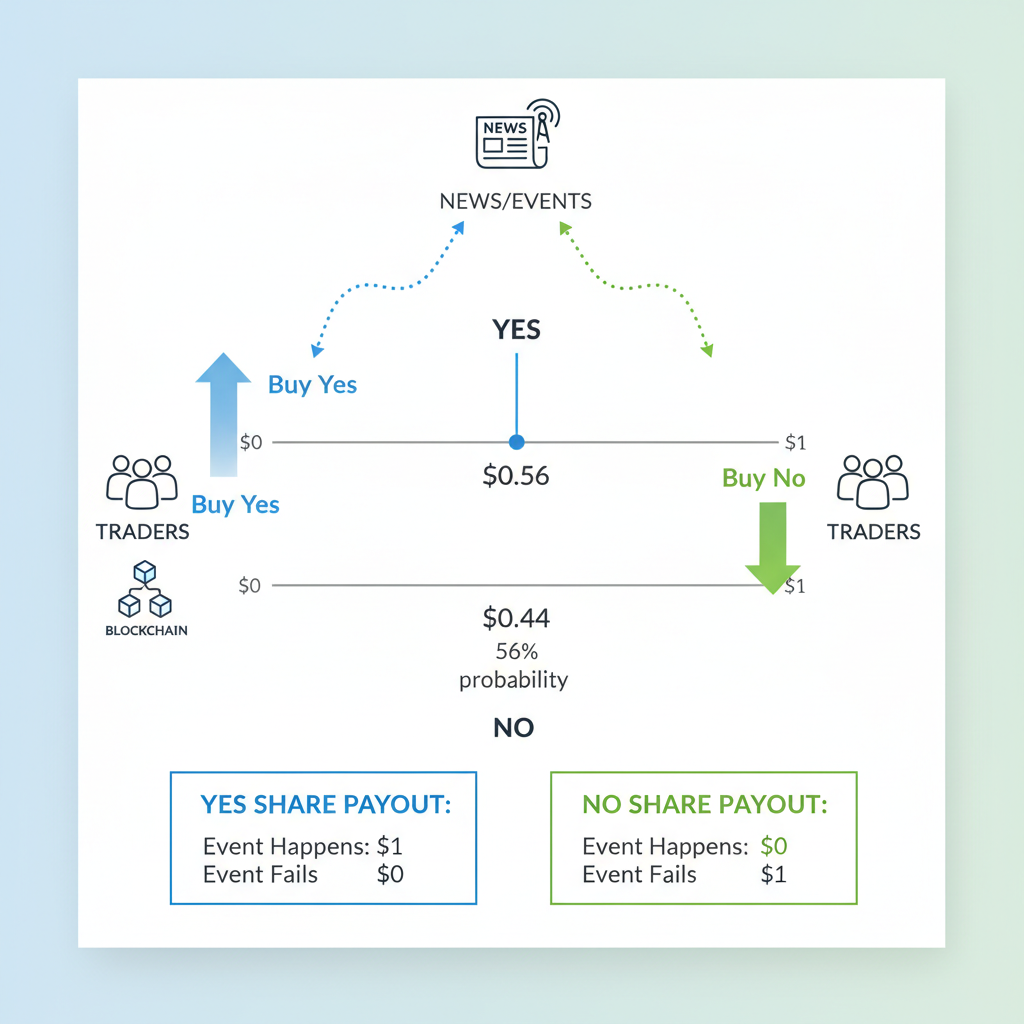 Diagram showing how prediction market shares trade and reflect probabilities, with Yes/No prices and payouts.