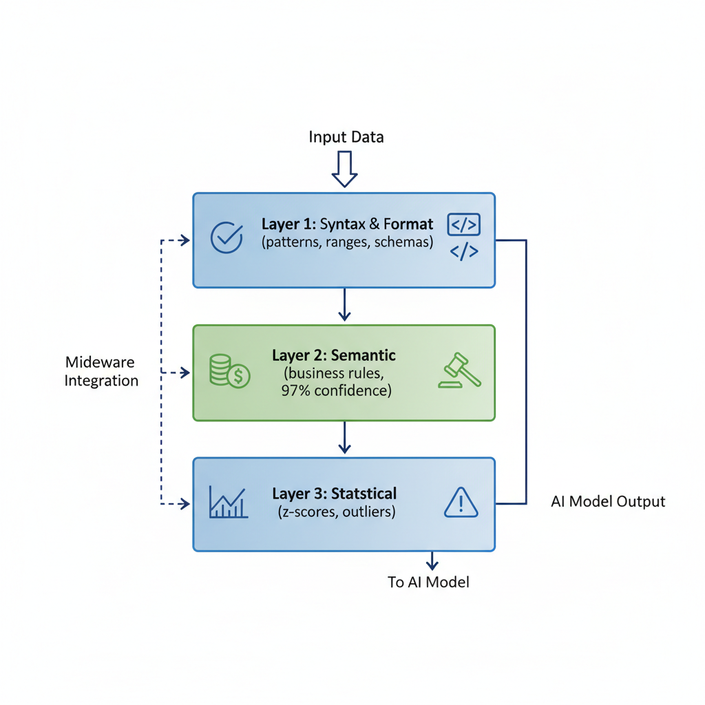 Diagram illustrating the three layers of input validation: syntax/format, semantic, and statistical, with data flowing through middleware to the AI model.