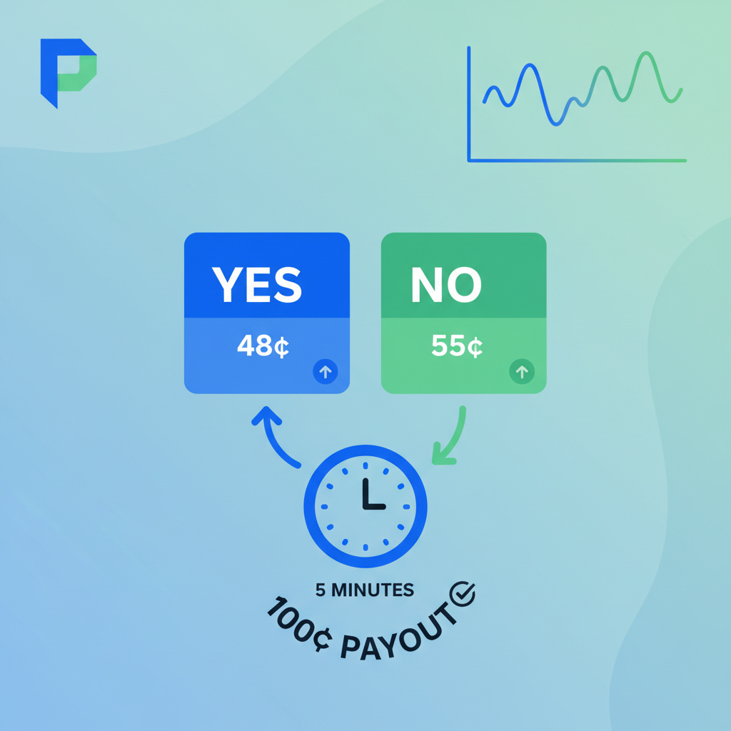 Illustration of basic Polymarket arbitrage: buying YES at 48¢ and NO at 55¢ to guarantee 100¢ payout after 5 minutes.
