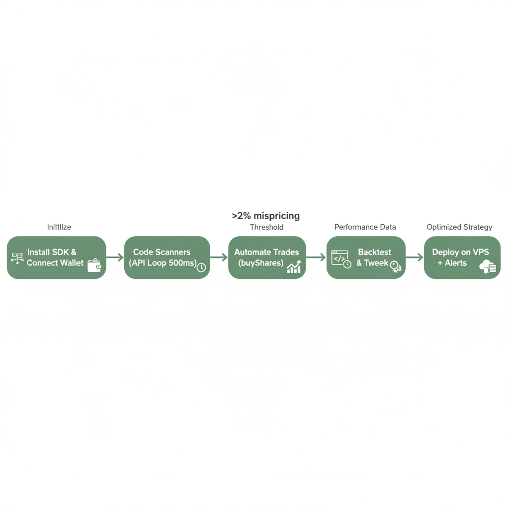 Flowchart diagram of the 4 steps to build and deploy a Polymarket arbitrage bot.