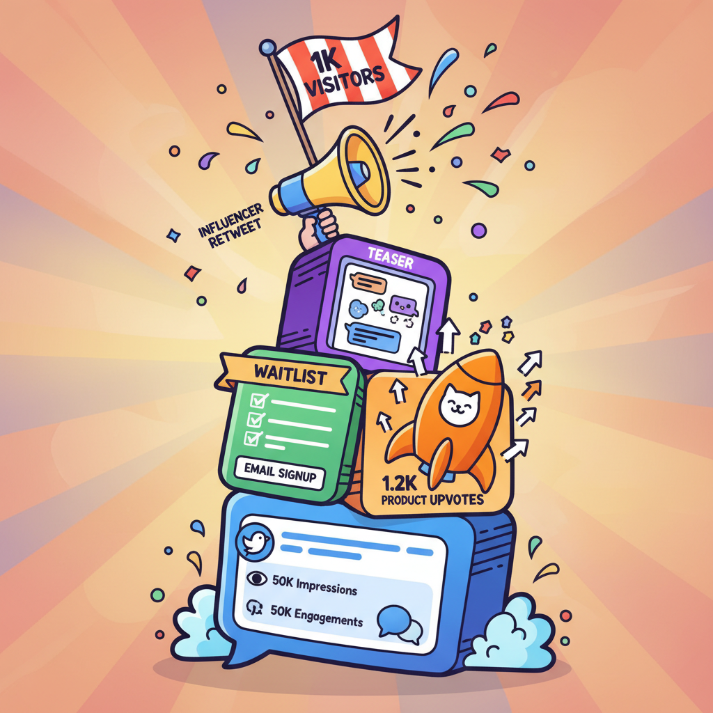 Illustration showing 5 growth hacks as stacking blocks leading to 1K visitors.