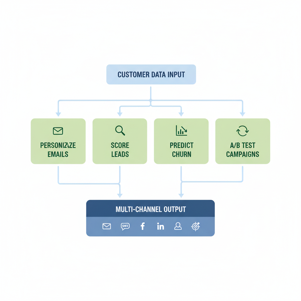 Flowchart diagram of AI marketing automation workflow from data input to multi-channel outputs.