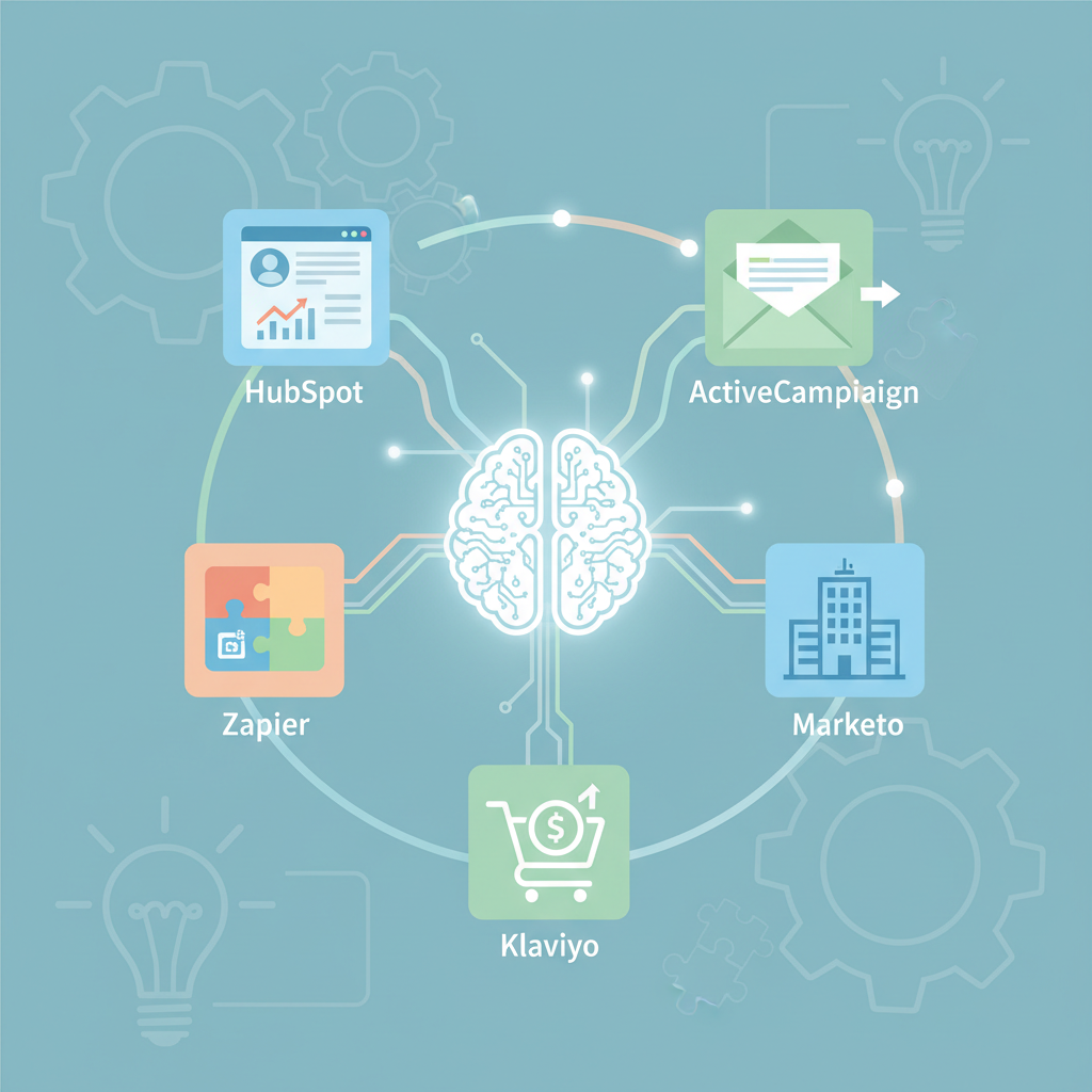 Illustration of top AI marketing tools connected through a central AI hub, highlighting feature differences.