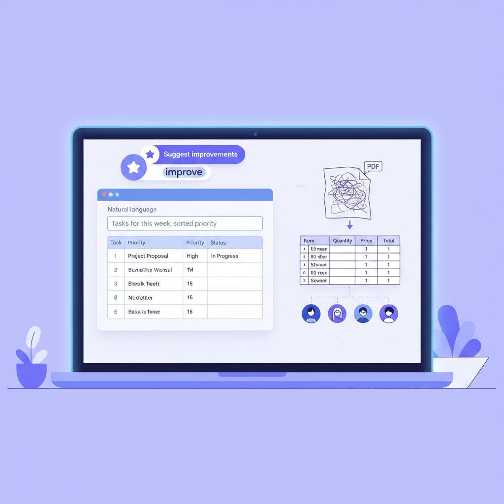 Illustration of Notion AI features in action: text improvement, database querying, data extraction, and live collaboration.
