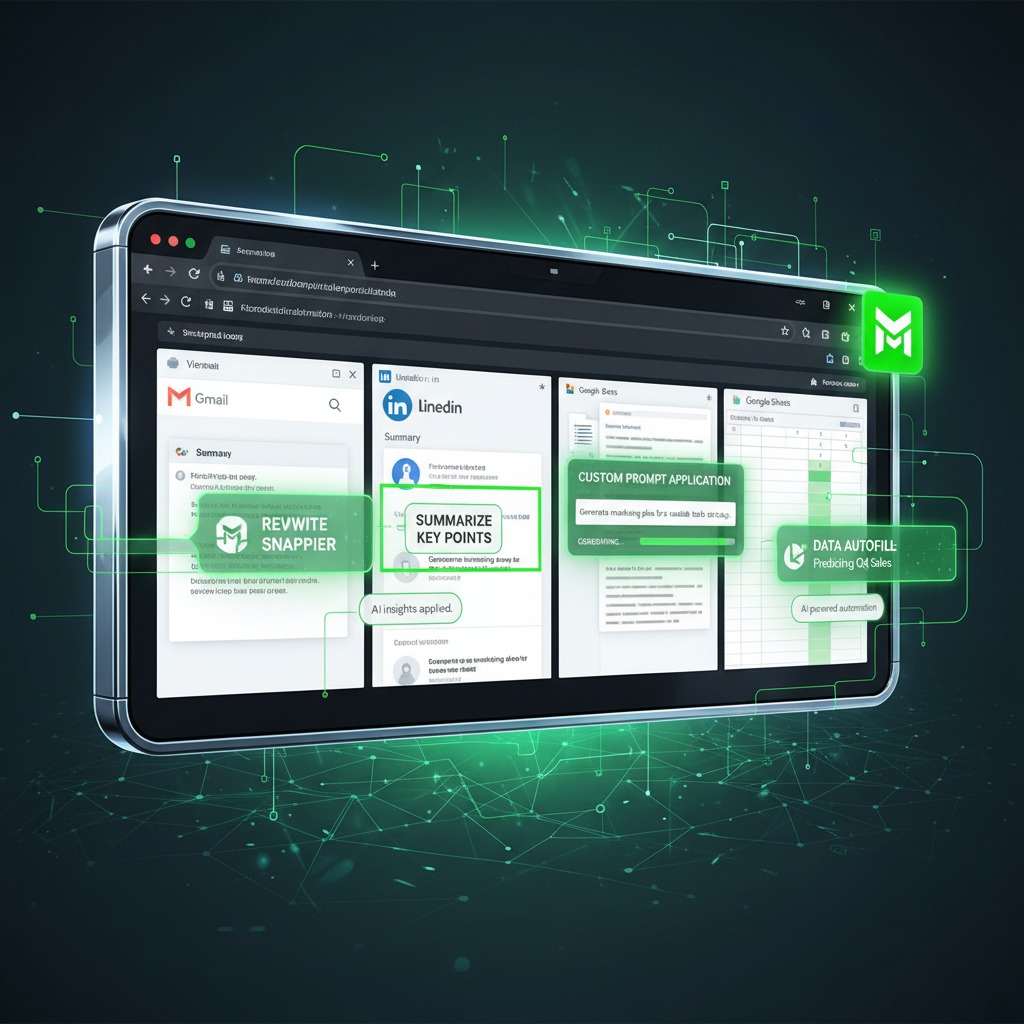 Illustration showing Merlin AI extension active in browser apps including Gmail, LinkedIn, Docs, and Sheets.