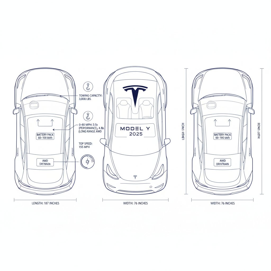 Diagram of 2025 Tesla Model Y key specs: dimensions, battery, acceleration, top speed, towing, and AWD.