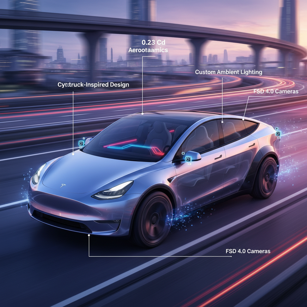 Illustration of 2025 Model Y new exterior aerodynamics and interior features like ventilated seats and ambient lighting.