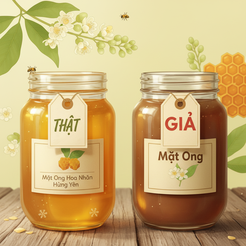 Minh họa so sánh lọ mật ong hoa nhãn nguyên chất thật và giả, với đặc điểm màu sắc và độ trong khác biệt.