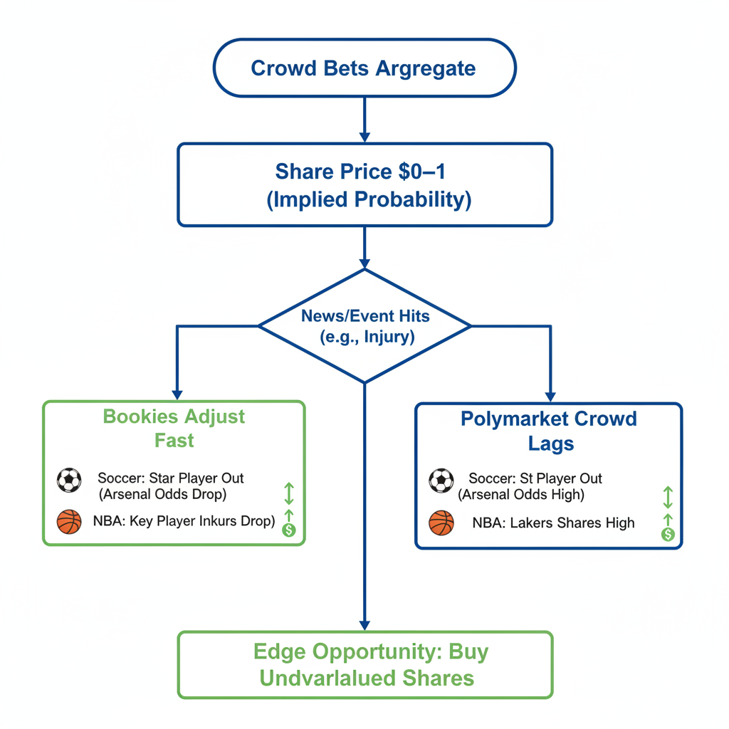 Diagram illustrating how inefficiencies create edges in prediction market odds, from crowd aggregation to mispricing due to delayed reactions.