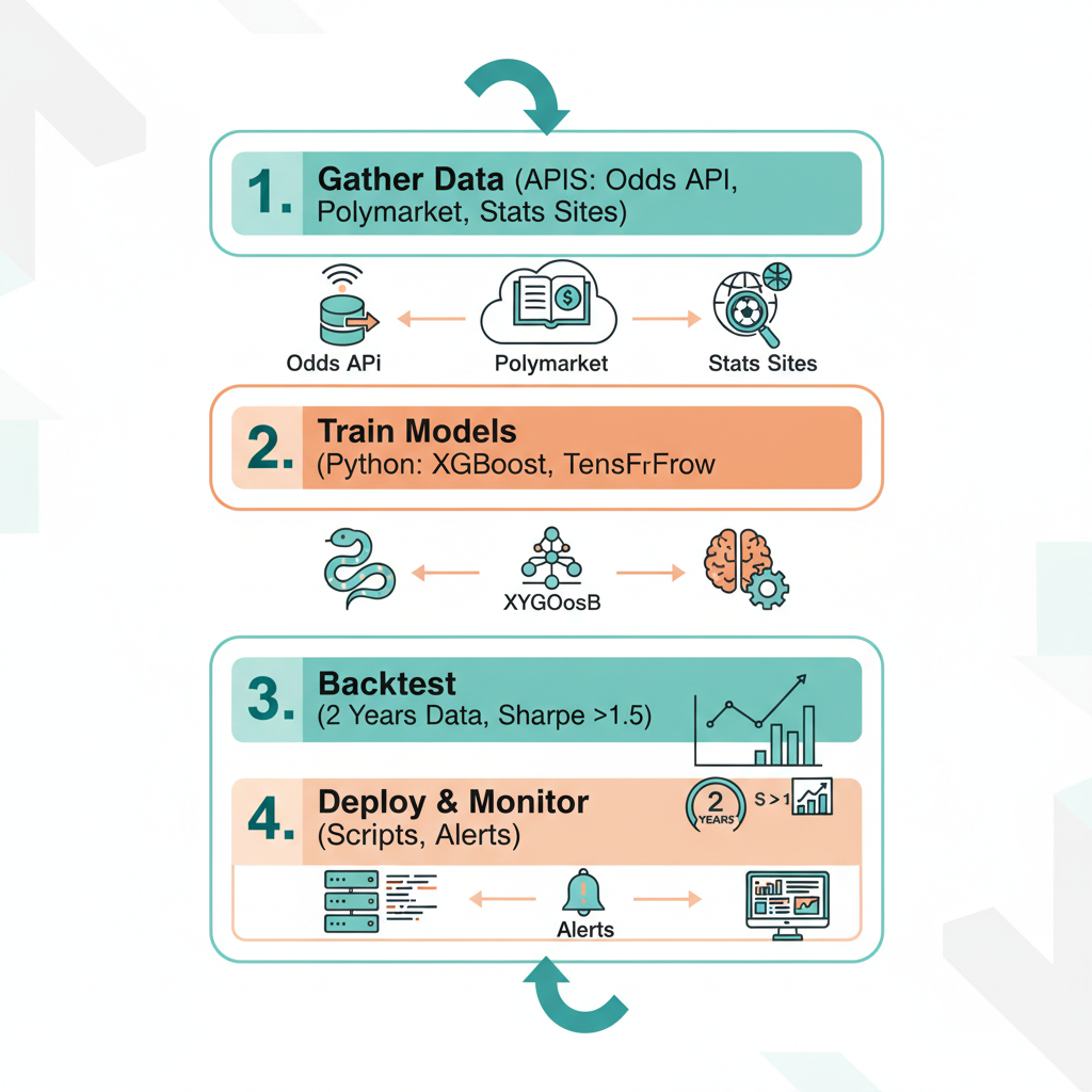 Step-by-step diagram of building a quant trading strategy on Polymarket.
