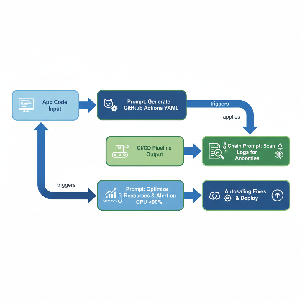 Flowchart showing prompt engineering chained in a DevOps CI/CD pipeline from code input to deployment.
