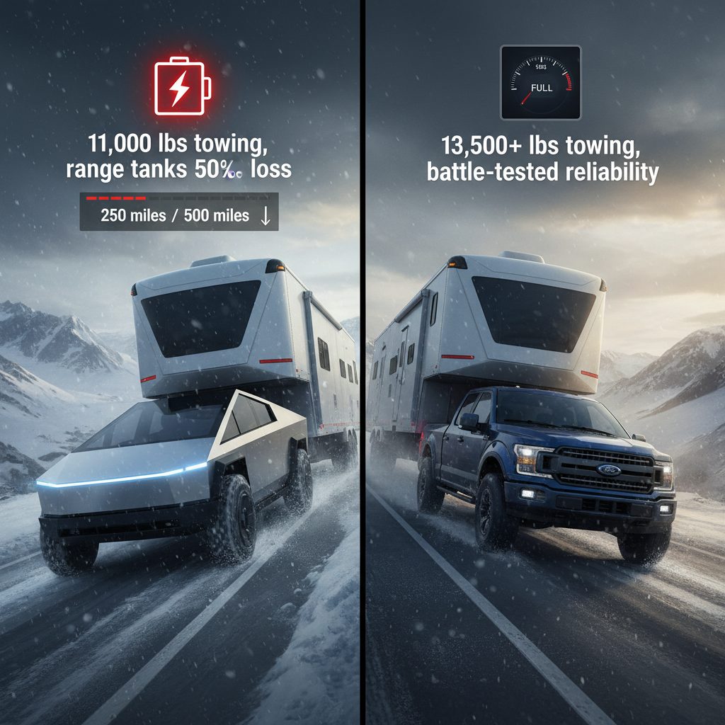 Side-by-side illustration of Cybertruck struggling with towing range loss on snow versus F-150 towing steadily.