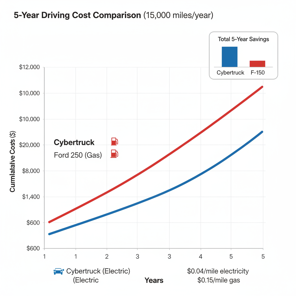 Line graph diagram comparing 5-year fuel/charging costs for Cybertruck vs F-150 at 15,000 miles per year.