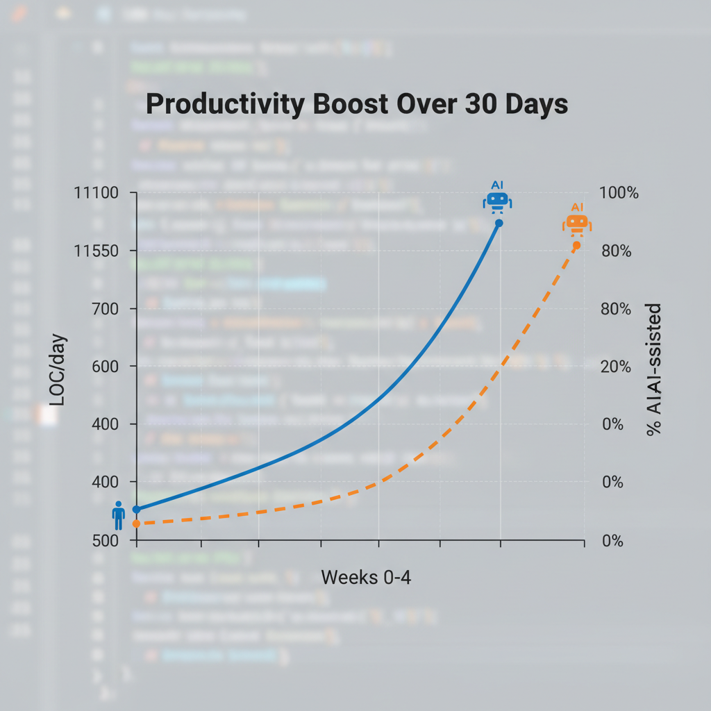 Line graph showing lines of code per day increasing from 500 to over 1,000 over four weeks, with rising AI assistance percentage.