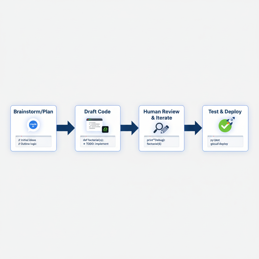 Flowchart illustrating the hybrid workflow: Claude for planning, Copilot for drafting, human review.