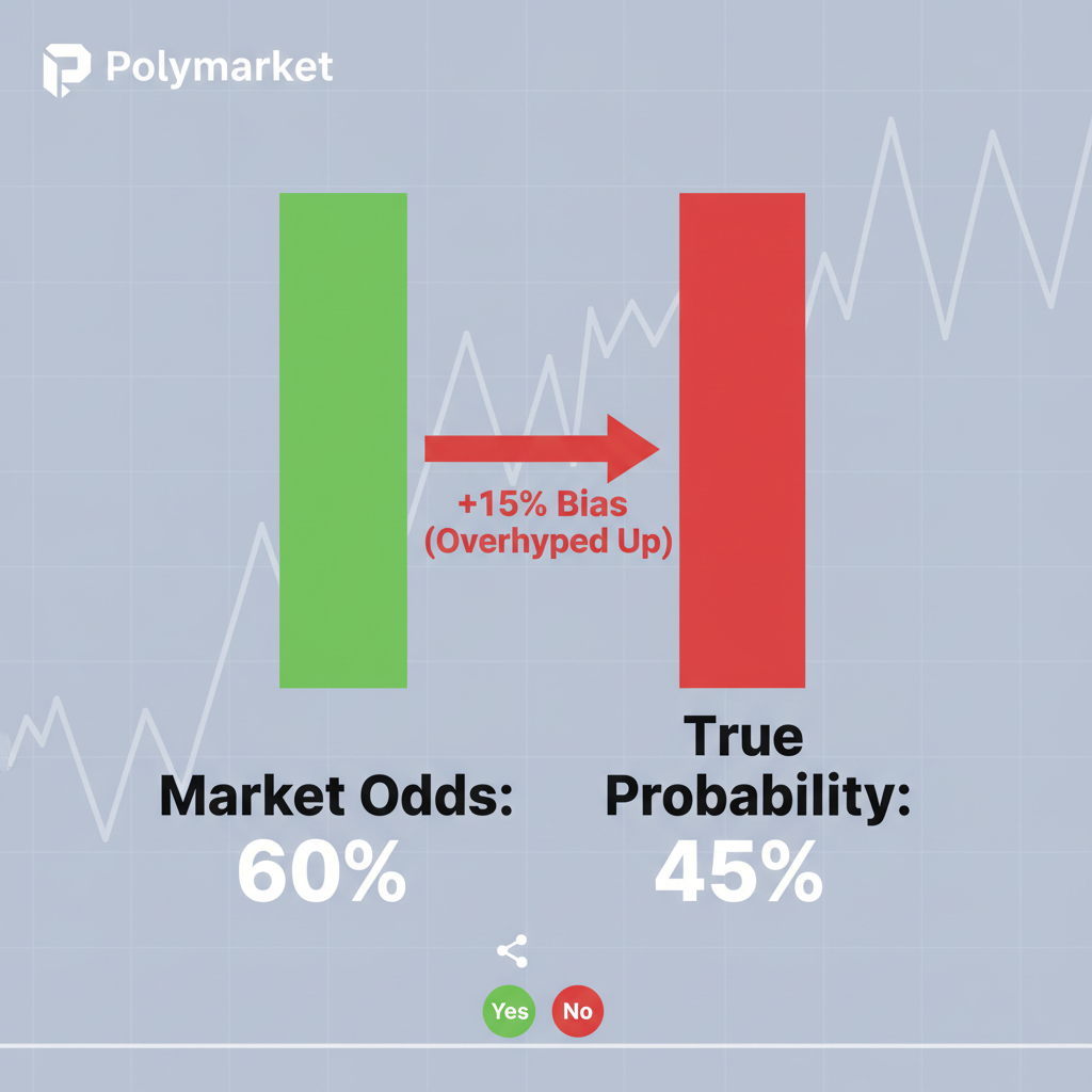 Illustration showing bias as the gap between 60% market odds (green bar) and 45% true probability (red bar), with +15% positive bias on up highlighted.