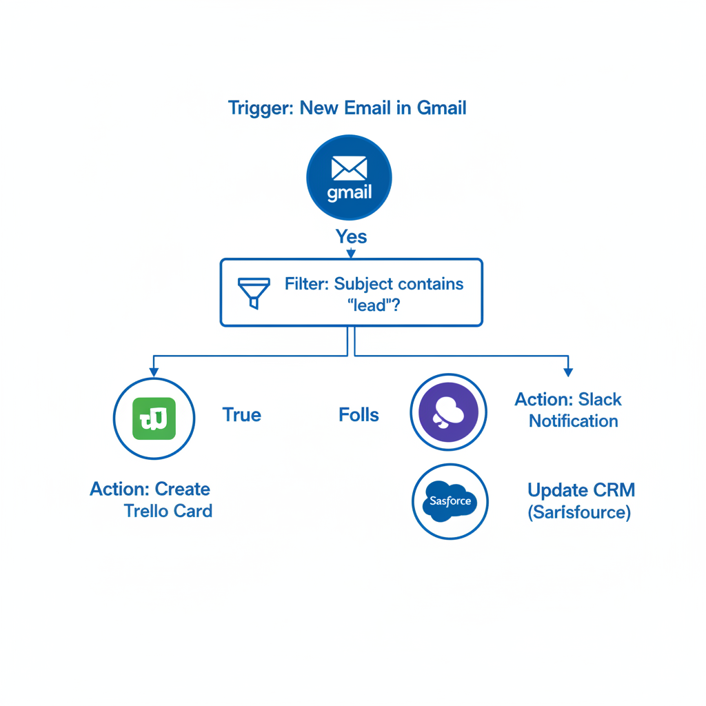Flowchart diagram of a multi-step Zapier automation with trigger, filter, paths, and multiple actions.