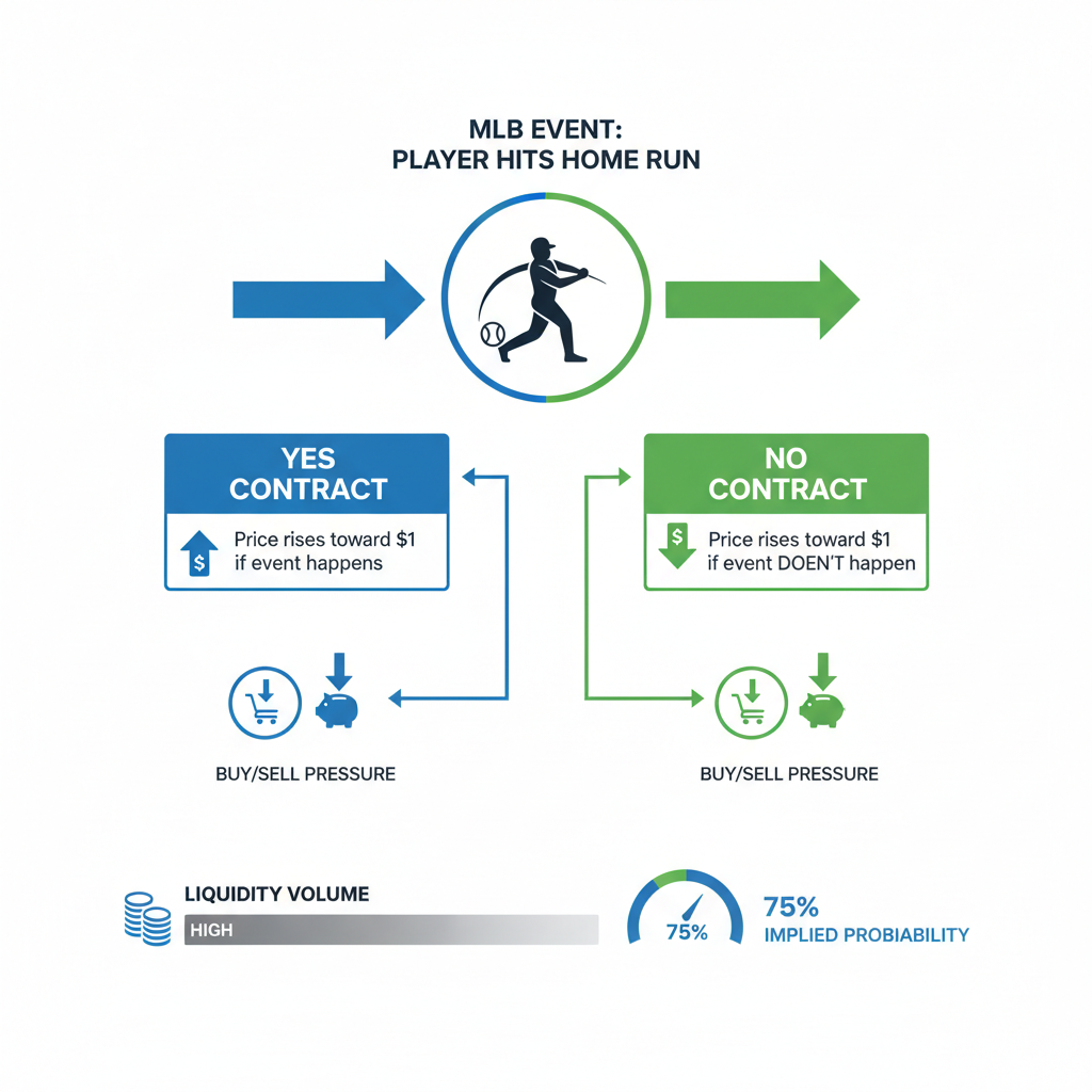 Diagram showing the flow of Yes and No contracts in a prediction market, with prices reflecting probabilities based on trading.