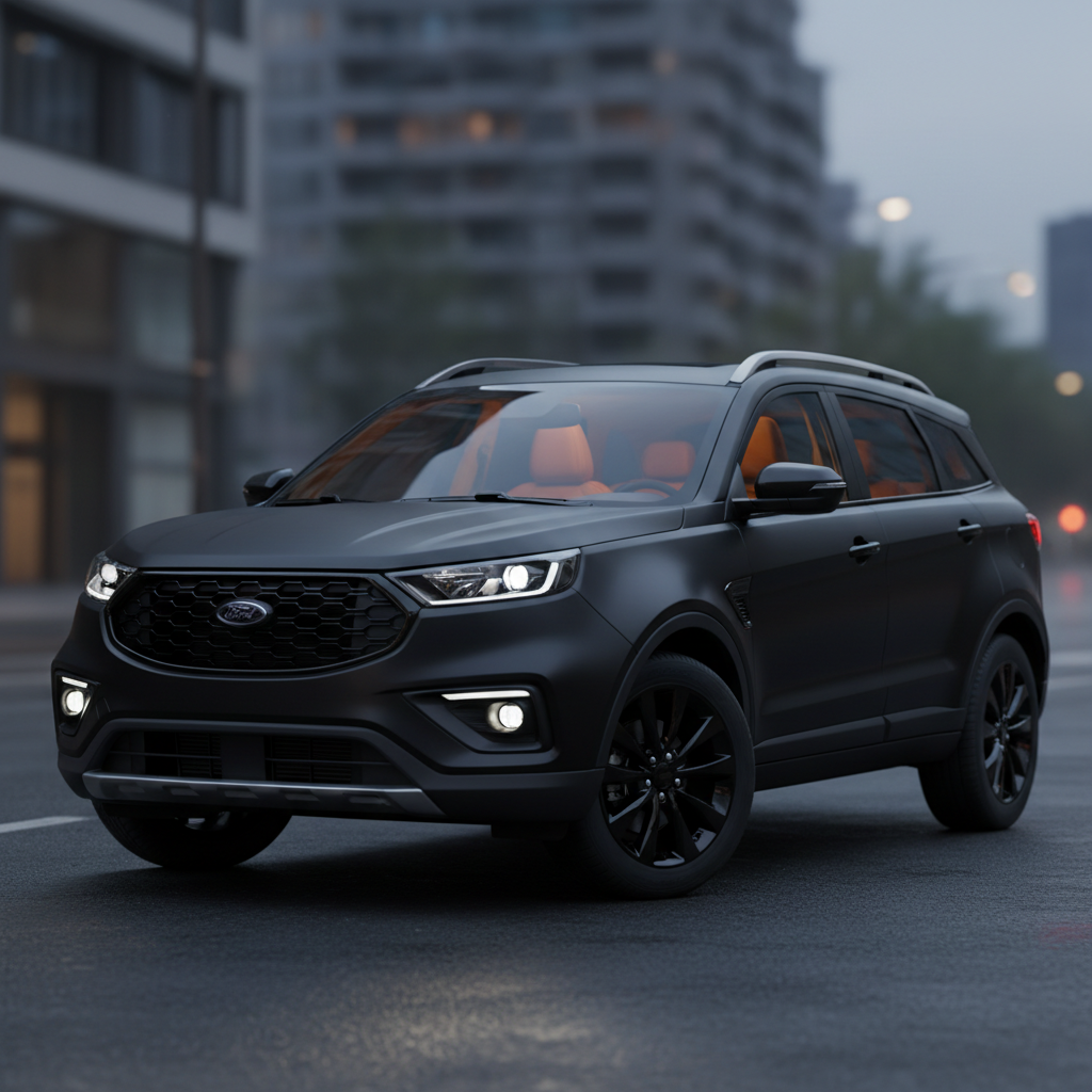Illustration of Ford Territory Dark Edition showcasing blacked-out grille, accents, wheels, and sporty interior details.