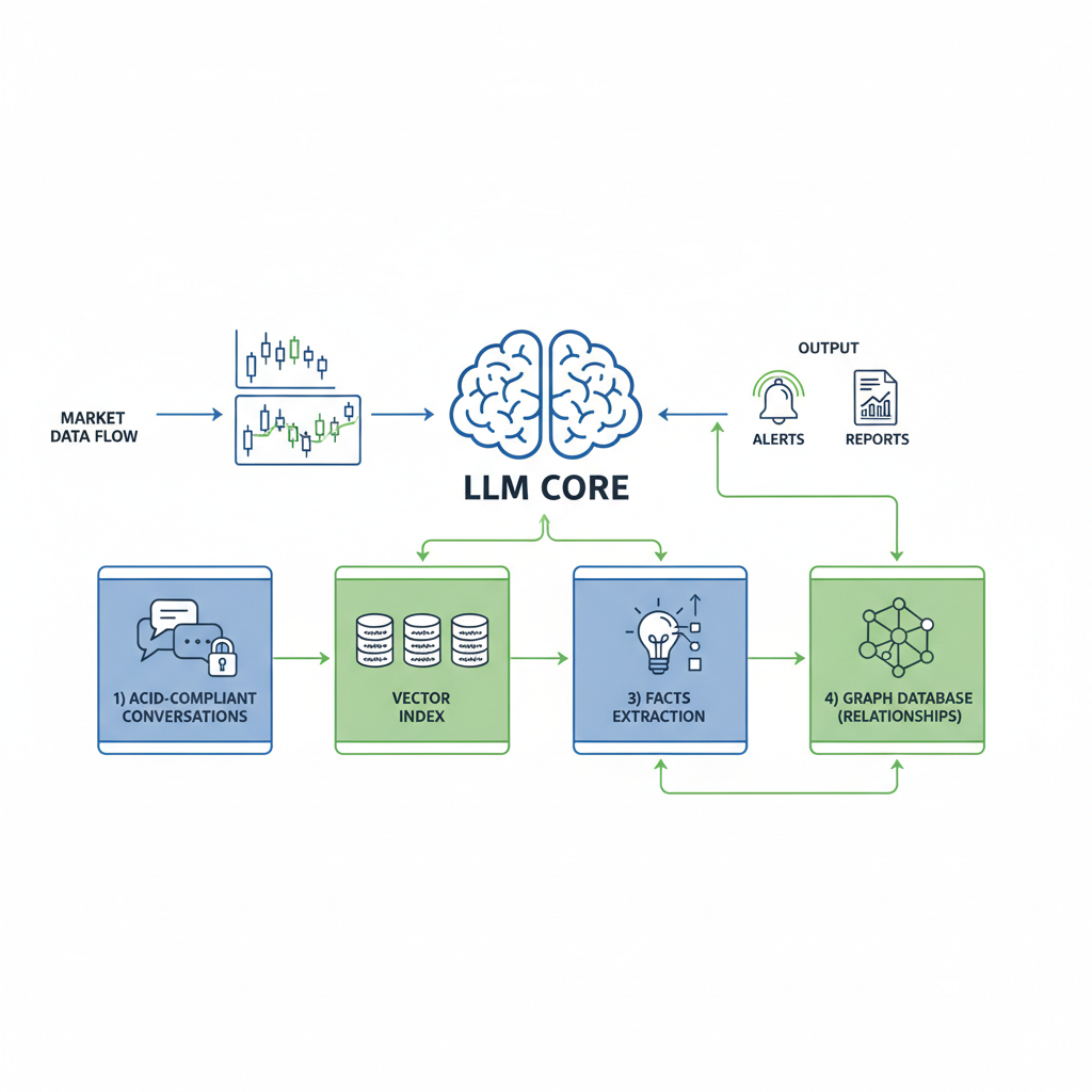 Diagram of persistent memory AI agent architecture with four layers connected to an LLM core, illustrating data flow for market monitoring.