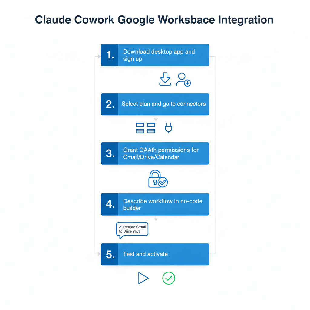 Flowchart diagram illustrating the 5 main steps to set up Claude Cowork with Google Workspace.