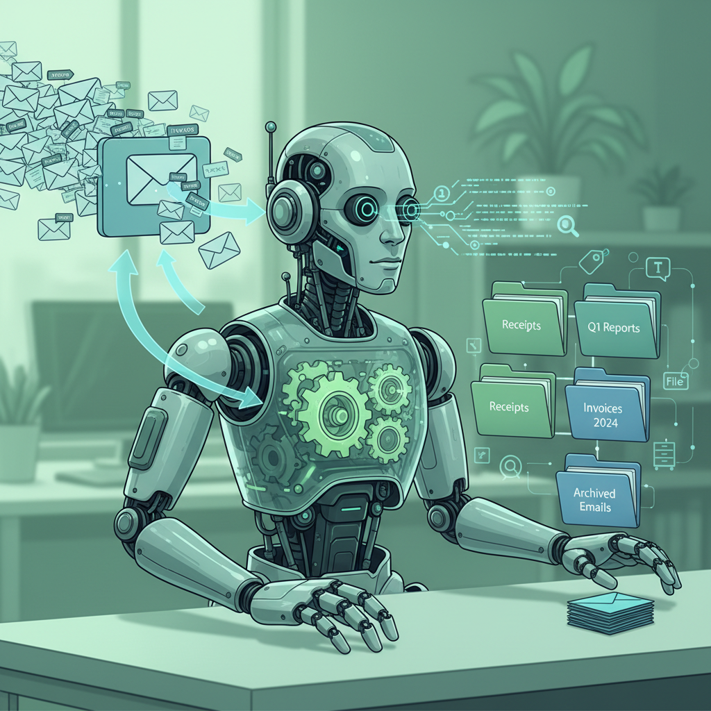 Illustration of Claude Cowork AI automating a Gmail invoice to Drive folder workflow.