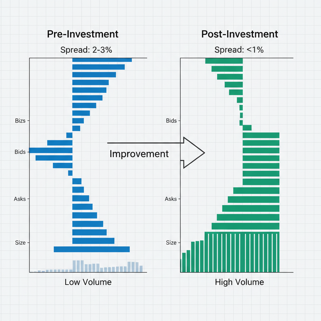 Diagram comparing shallow pre-investment order book to deep post-investment order book with tighter spreads.