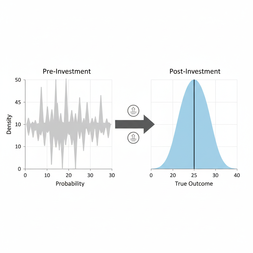 Diagram of pre- and post-investment probability curves narrowing toward true outcomes.