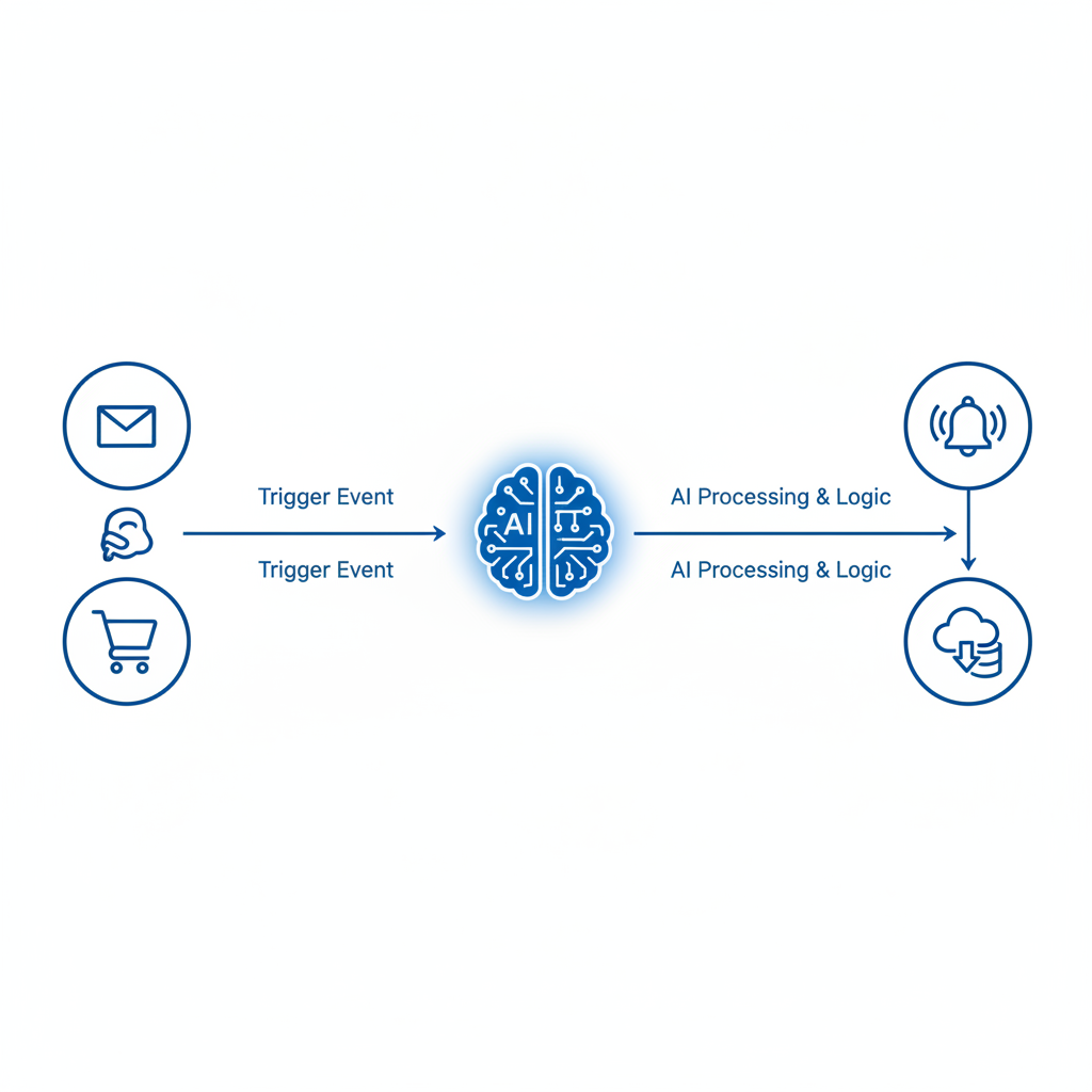 Flowchart diagram of a typical AI automation workflow connecting apps like Gmail, Slack, and Shopify.