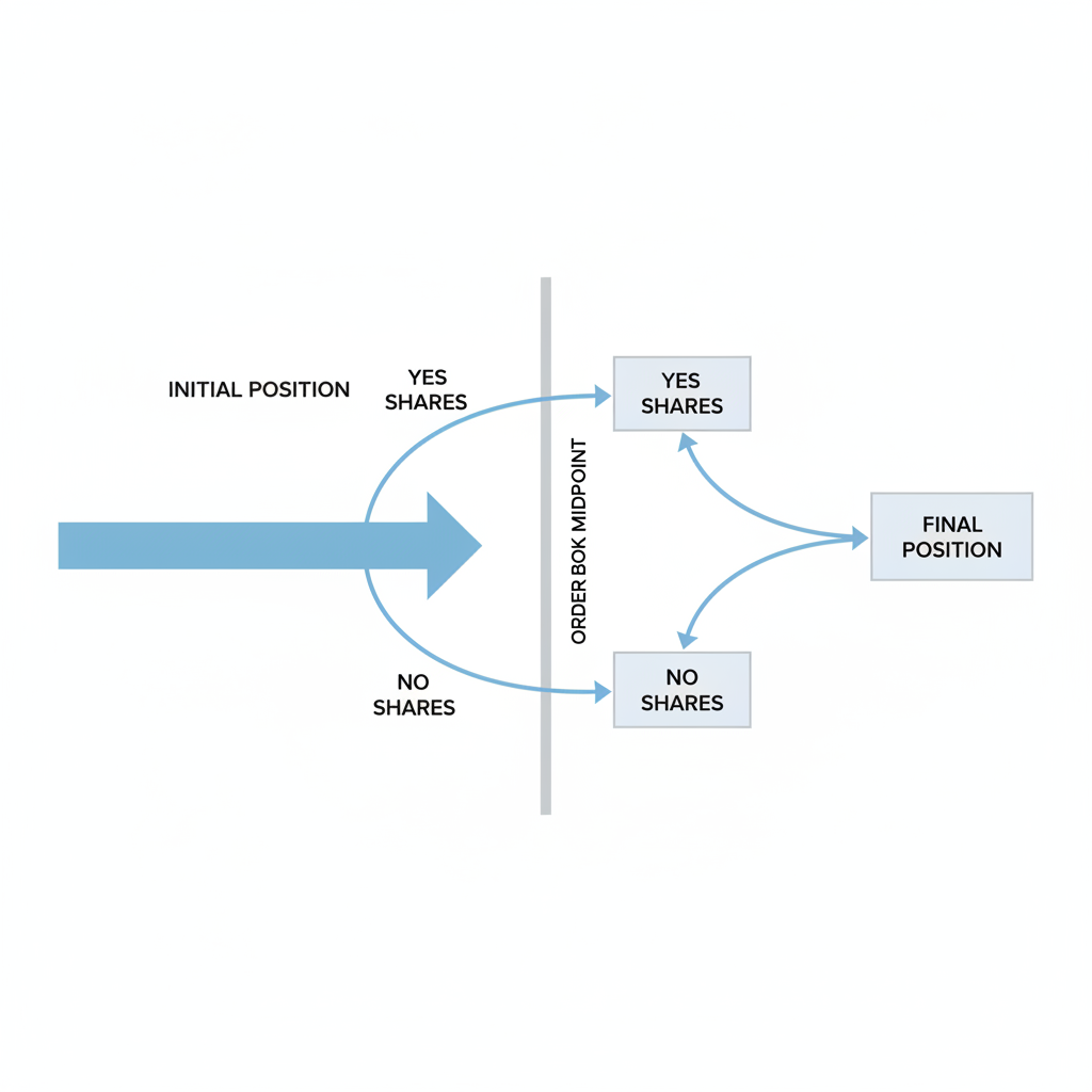 Diagram illustrating how a split order divides a position into Yes and No shares on opposite sides of the order book, and how a merge recombines them.