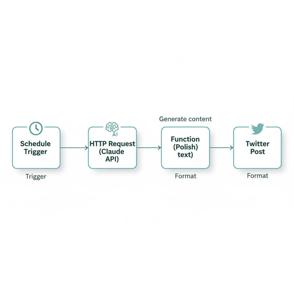 Flowchart diagram showing n8n workflow nodes: Schedule Trigger connected to HTTP Request for Claude, then Function for polishing, then Twitter Post.
