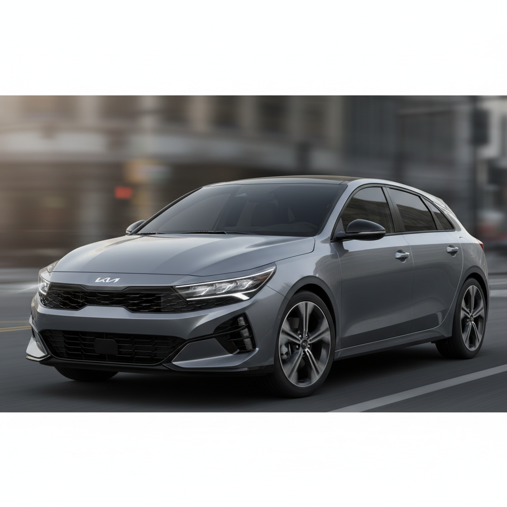 Illustration showcasing the 2025 Kia K4 Hatchback's exterior design: aggressive grille, LED headlights, and sporty profile.