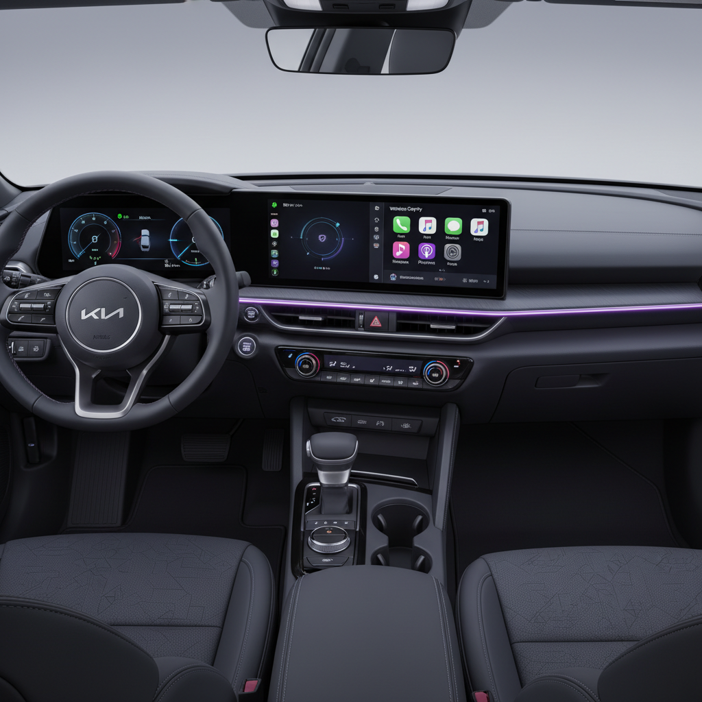 Driver's view of the Kia K4 Hatchback interior with dual 12.3-inch screens and ambient lighting.