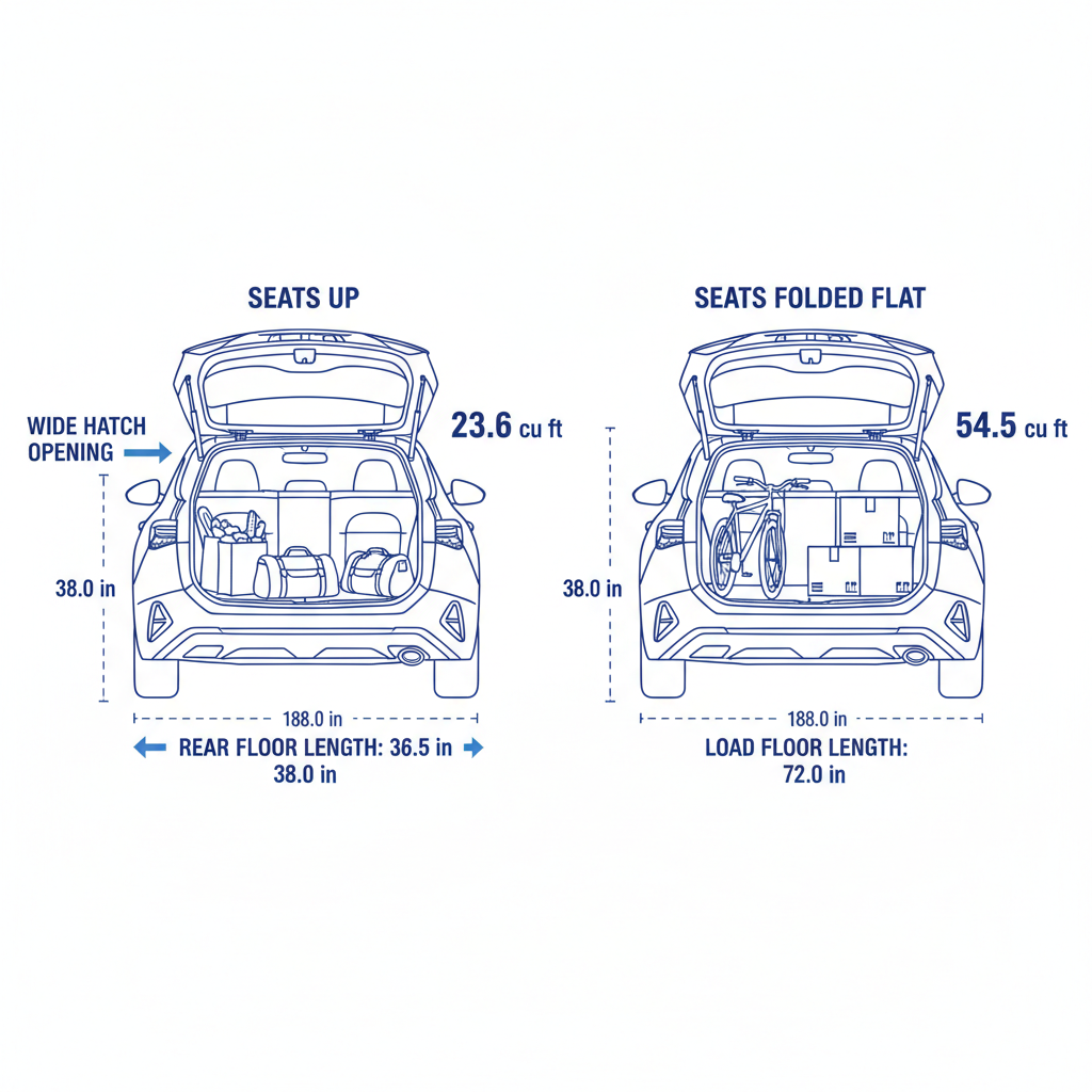 Diagram comparing Kia K4 Hatchback cargo space: 23.6 cu ft seats up vs. 54.5 cu ft seats folded.