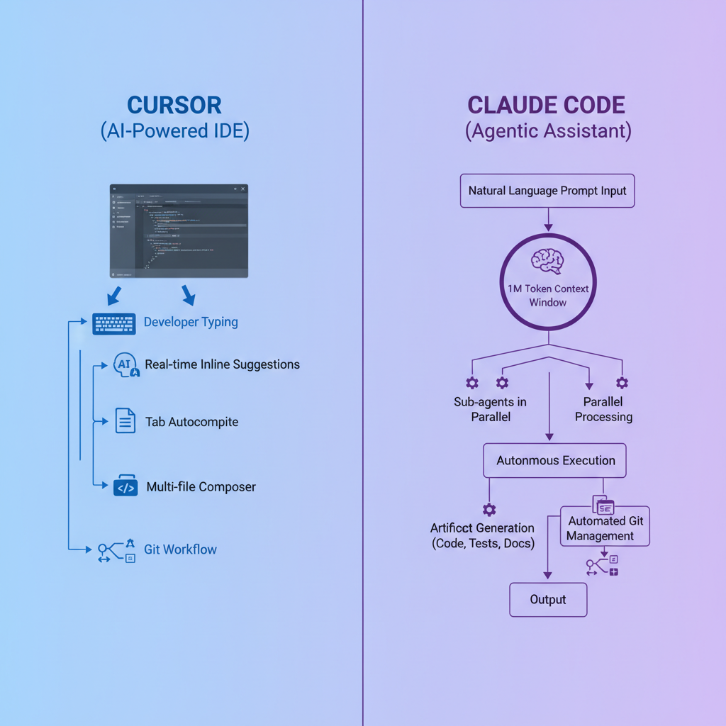 Diagram illustrating the core architectural differences between Cursor's IDE integration and Claude Code's agentic workflow.