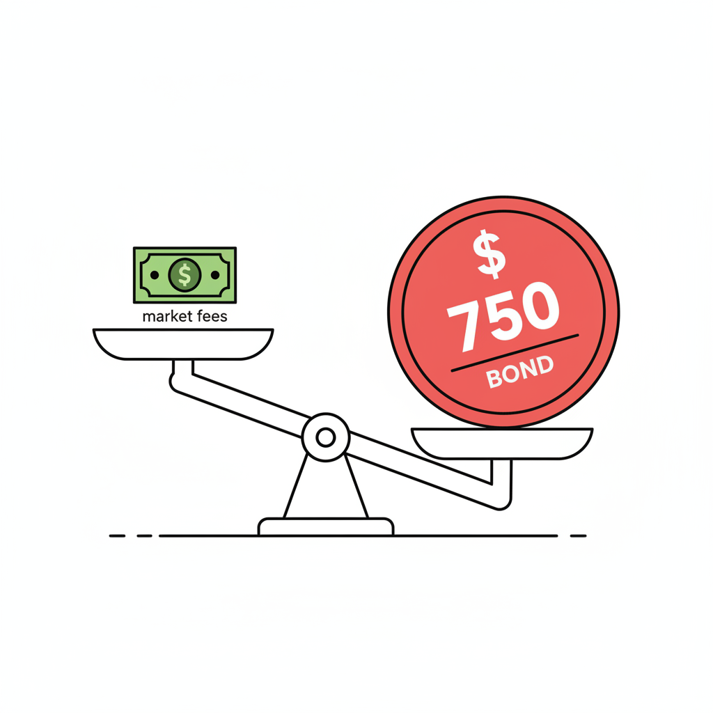 Illustration comparing a small $2 market fee against the $750 resolution bond to show the imbalance